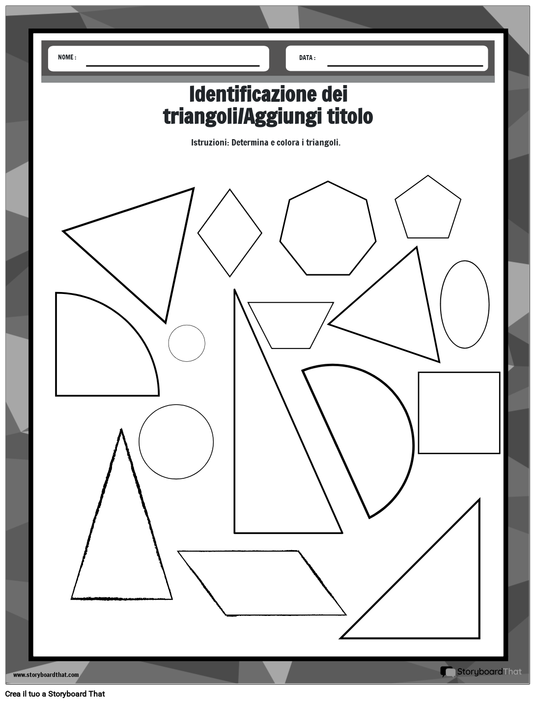 Foglio di lavoro del triangolo da colorare con forme diverse - BW