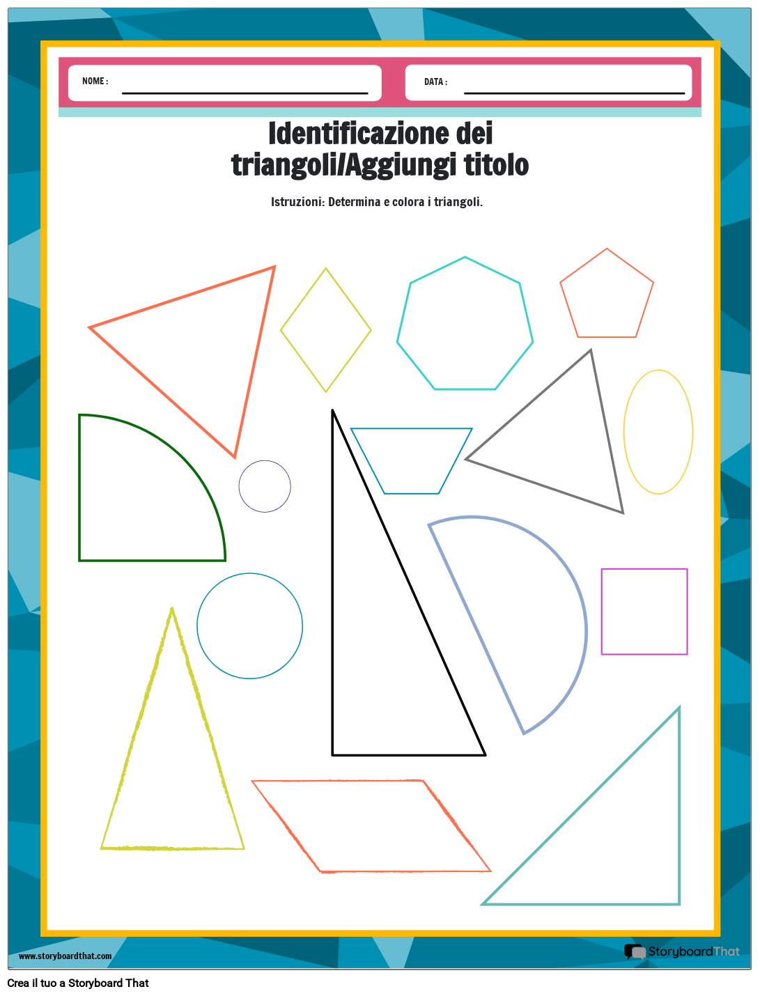 Foglio di lavoro del triangolo da colorare con forme diverse