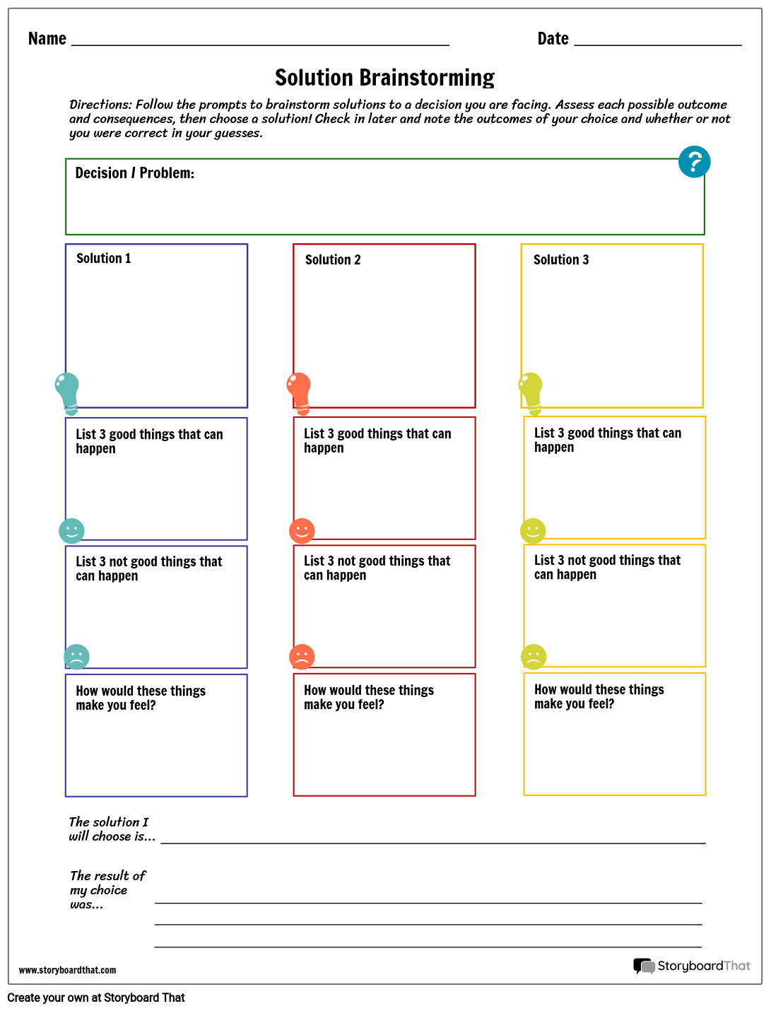 Decision Making Worksheet  Brainstorming Solutions Within Making Good Choices Worksheet