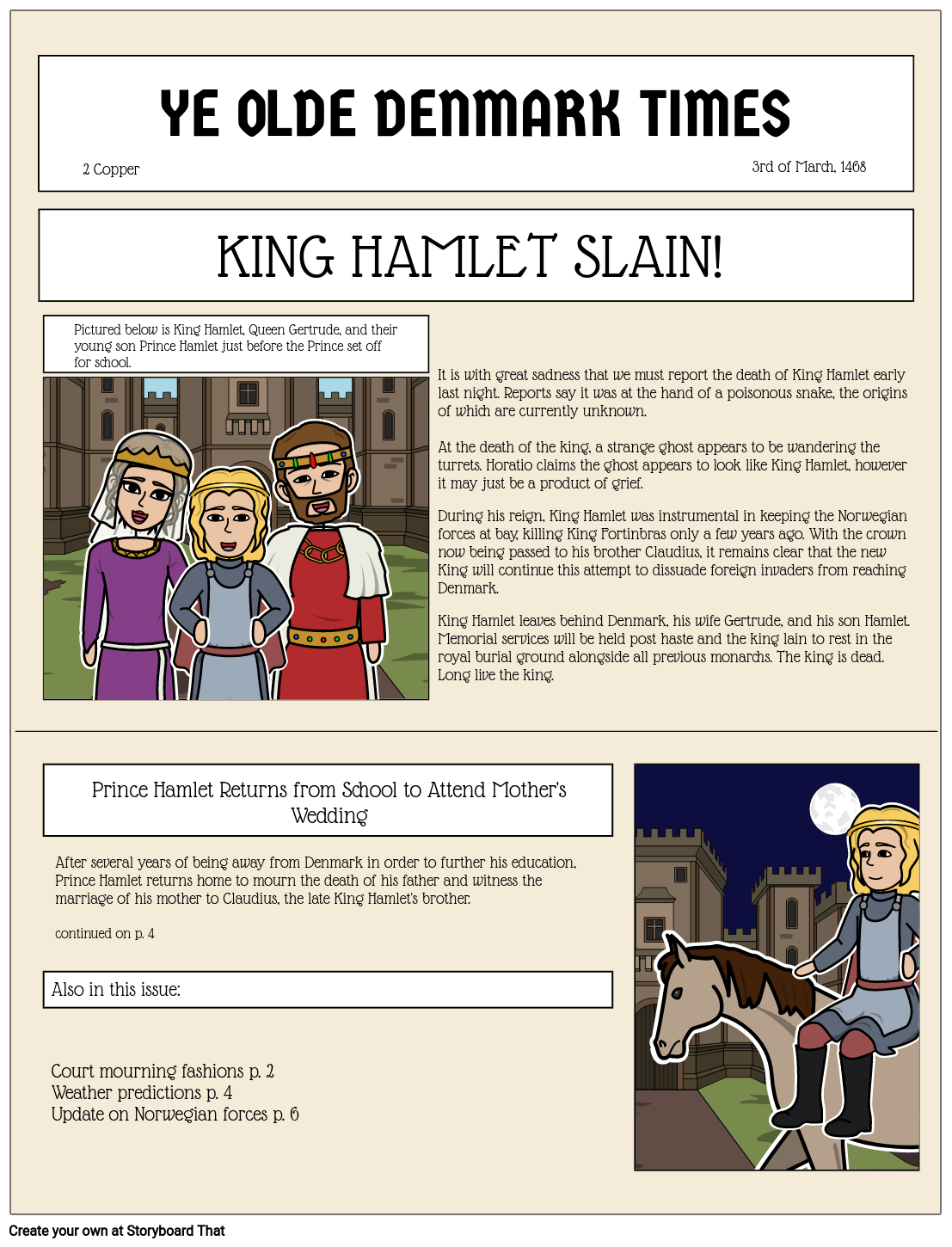 Newspaper Announcement for Hamlet Storyboard
