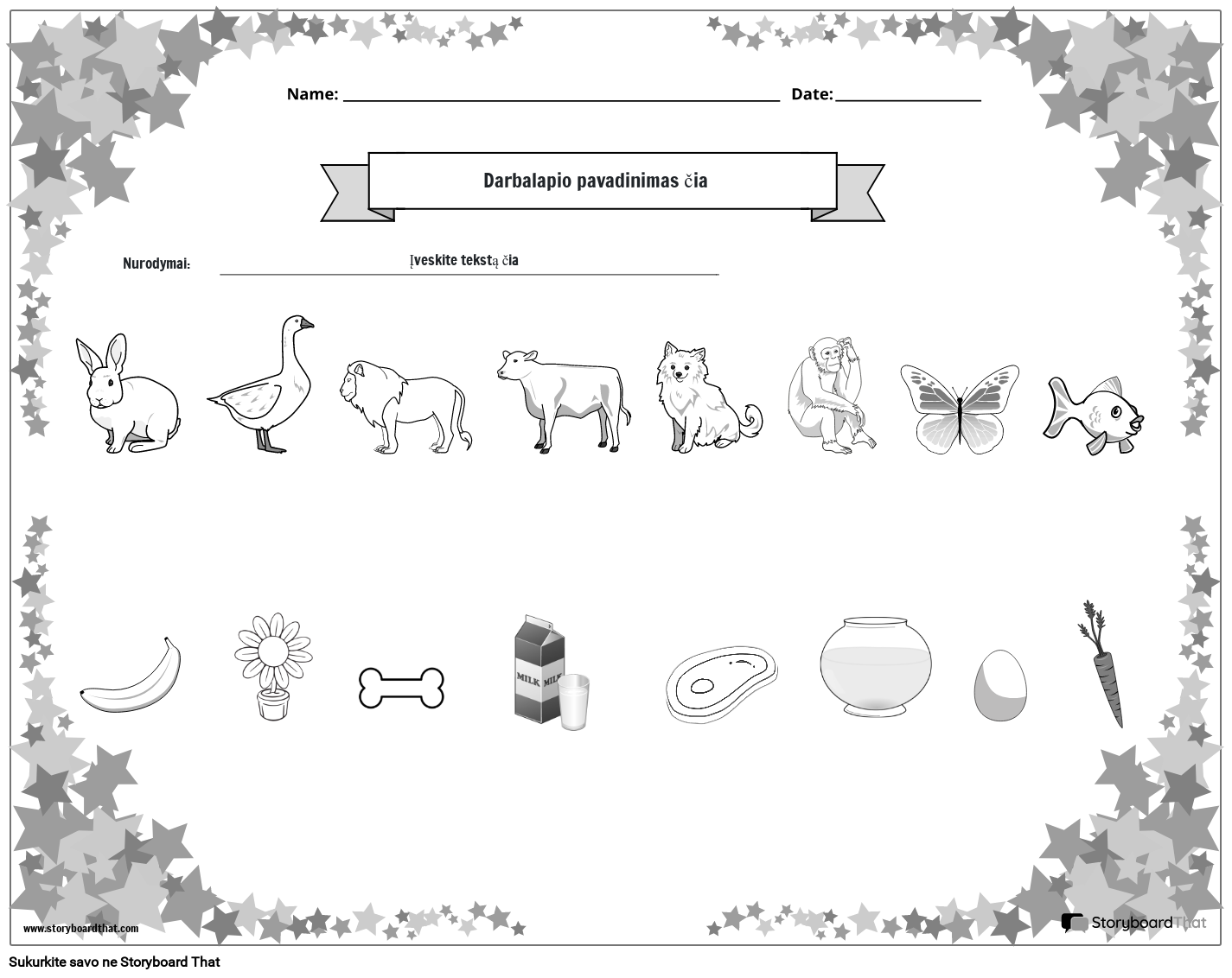 Gyvūnų derinimo su maistu darbalapis (juoda ir balta)