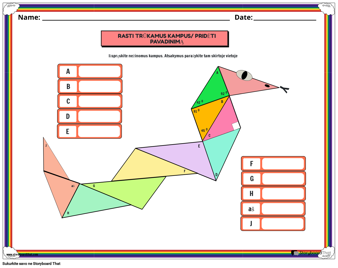 Kampų matavimas trikampio darbalapyje su spalvinga trikampio gyvate
