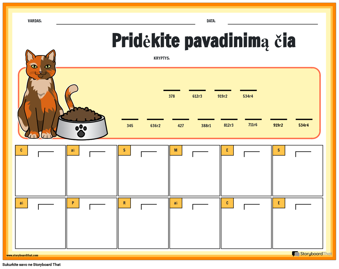 Katės Pusryčiai – Matematikos Mįslės Darbalapis