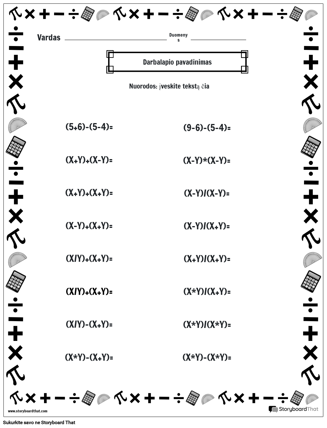 Operacijų tvarkos darbalapis su matematine apvadu (juoda ir balta)