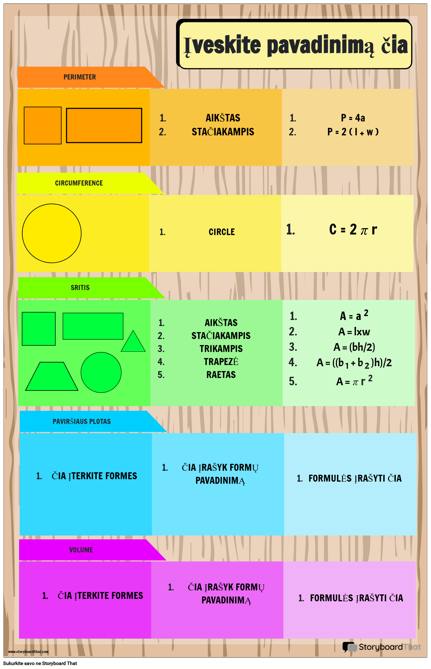 Pagrindinės matematikos formulės plakatas su formomis ir vaivorykštės spalv
