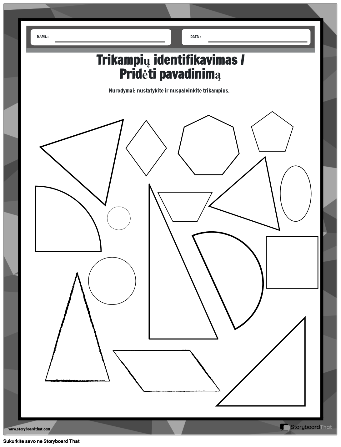 Spalvinimo trikampio darbalapis su skirtingomis formomis - BW