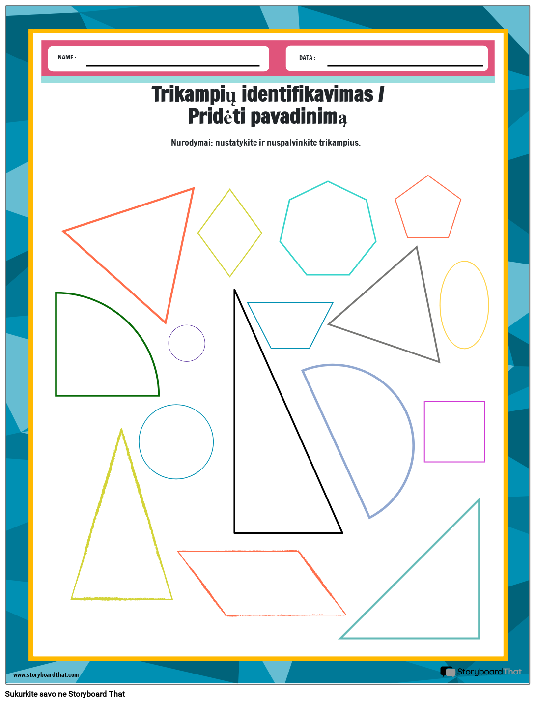 Spalvinimo trikampio darbalapis su skirtingomis formomis