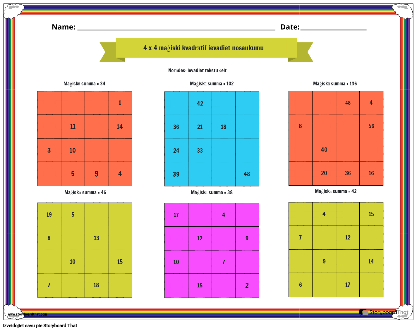 4x4 Magic Squares darblapa ar varavīksnes apmali