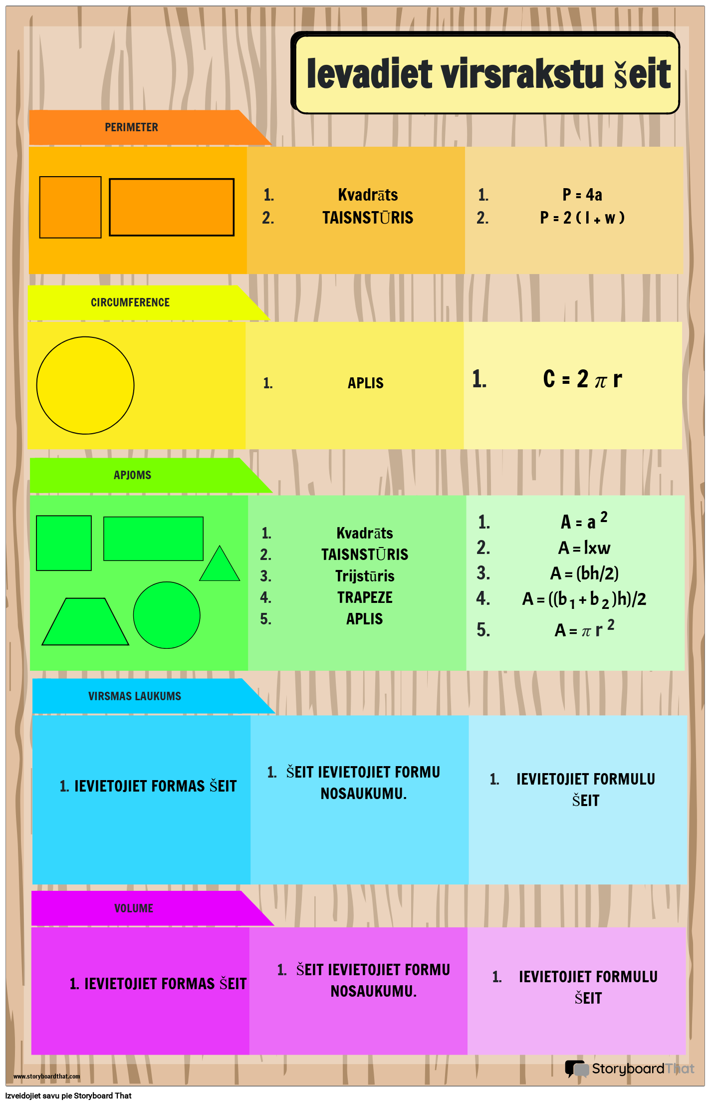 Pamata matemātikas formulas plakāts ar formām un varavīksnes krāsām