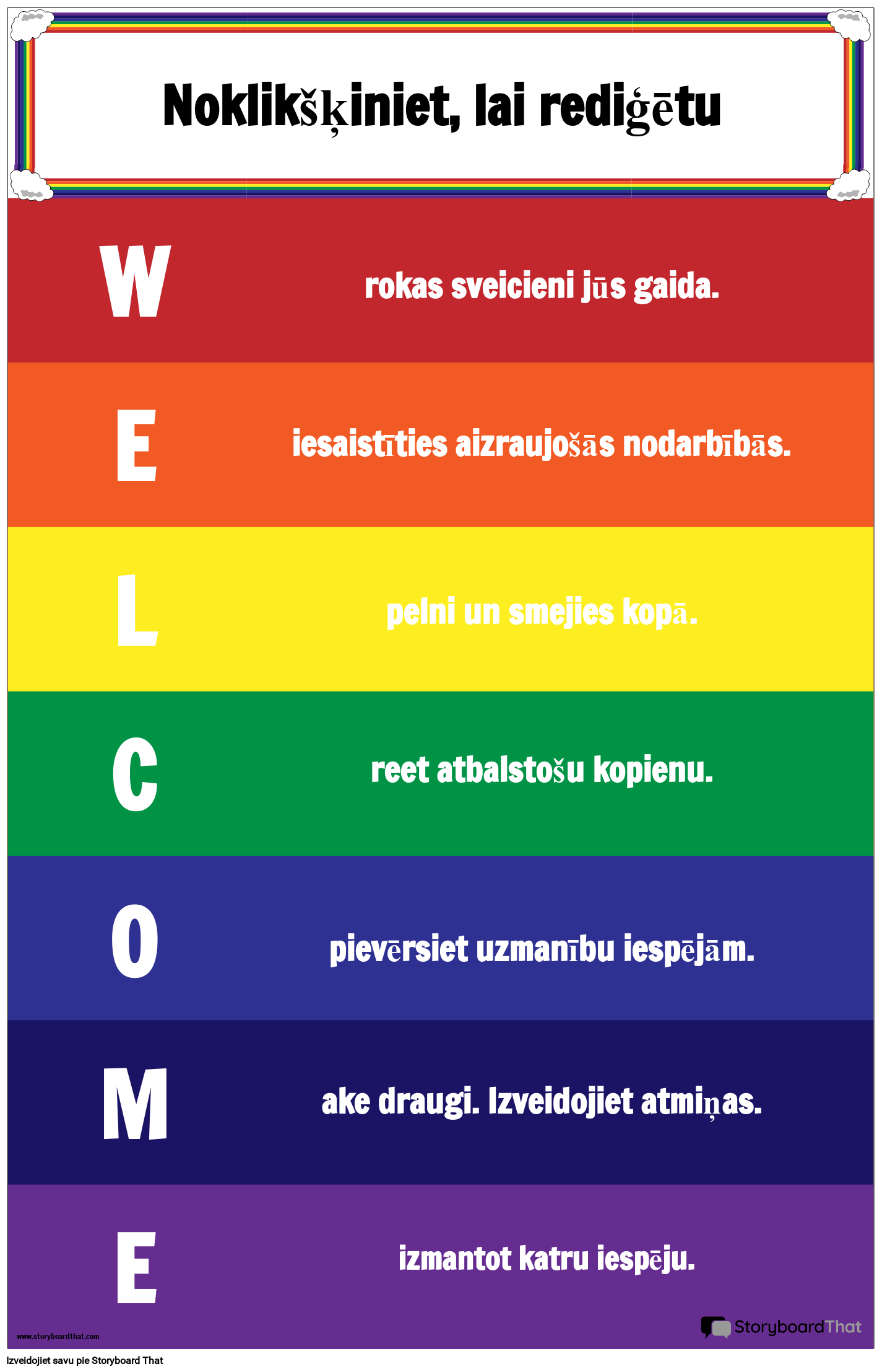 Sveiciena plakāts ar varavīksnes motīviem
