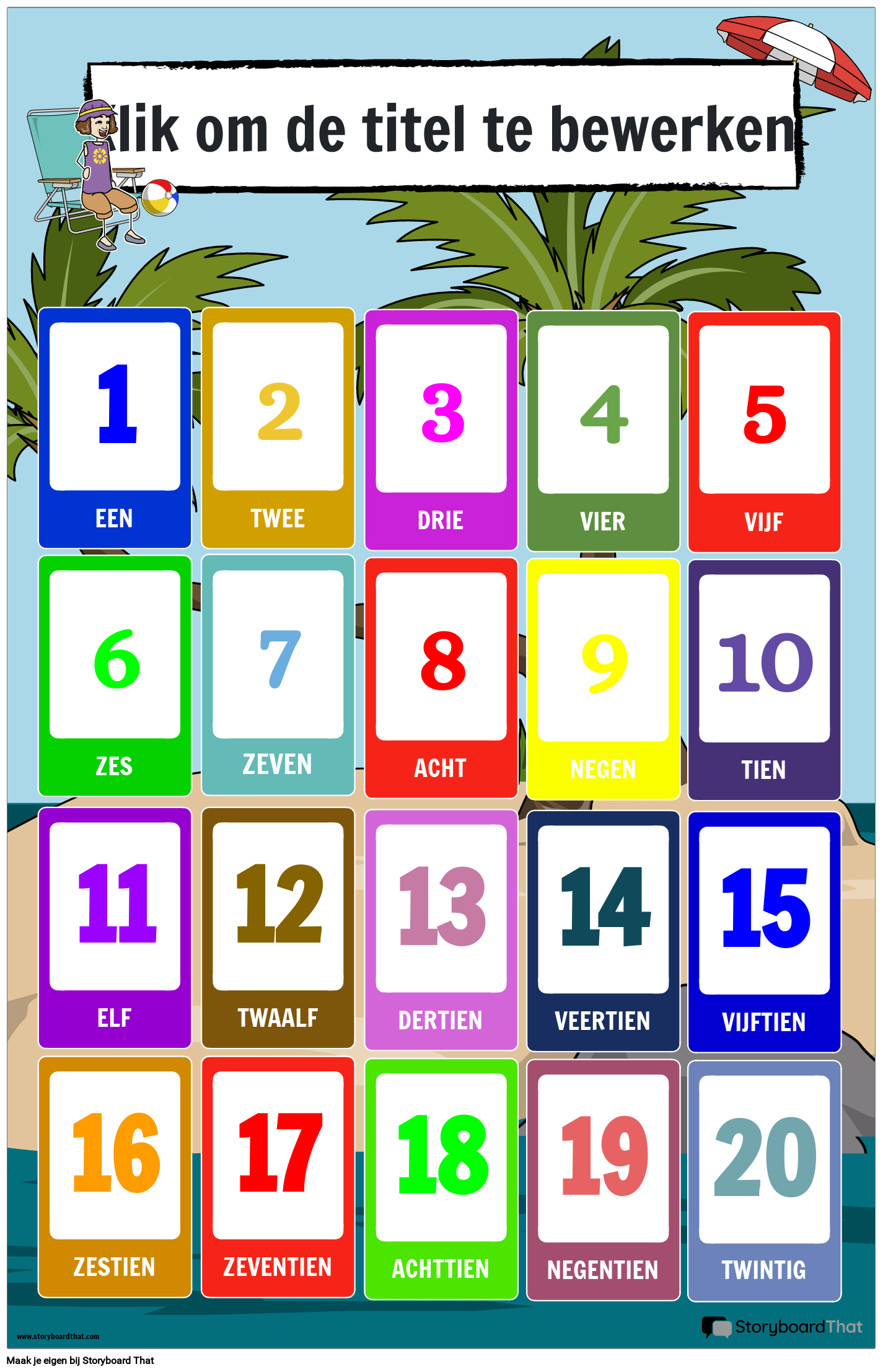 Nummerposter met strandthema (1-20)