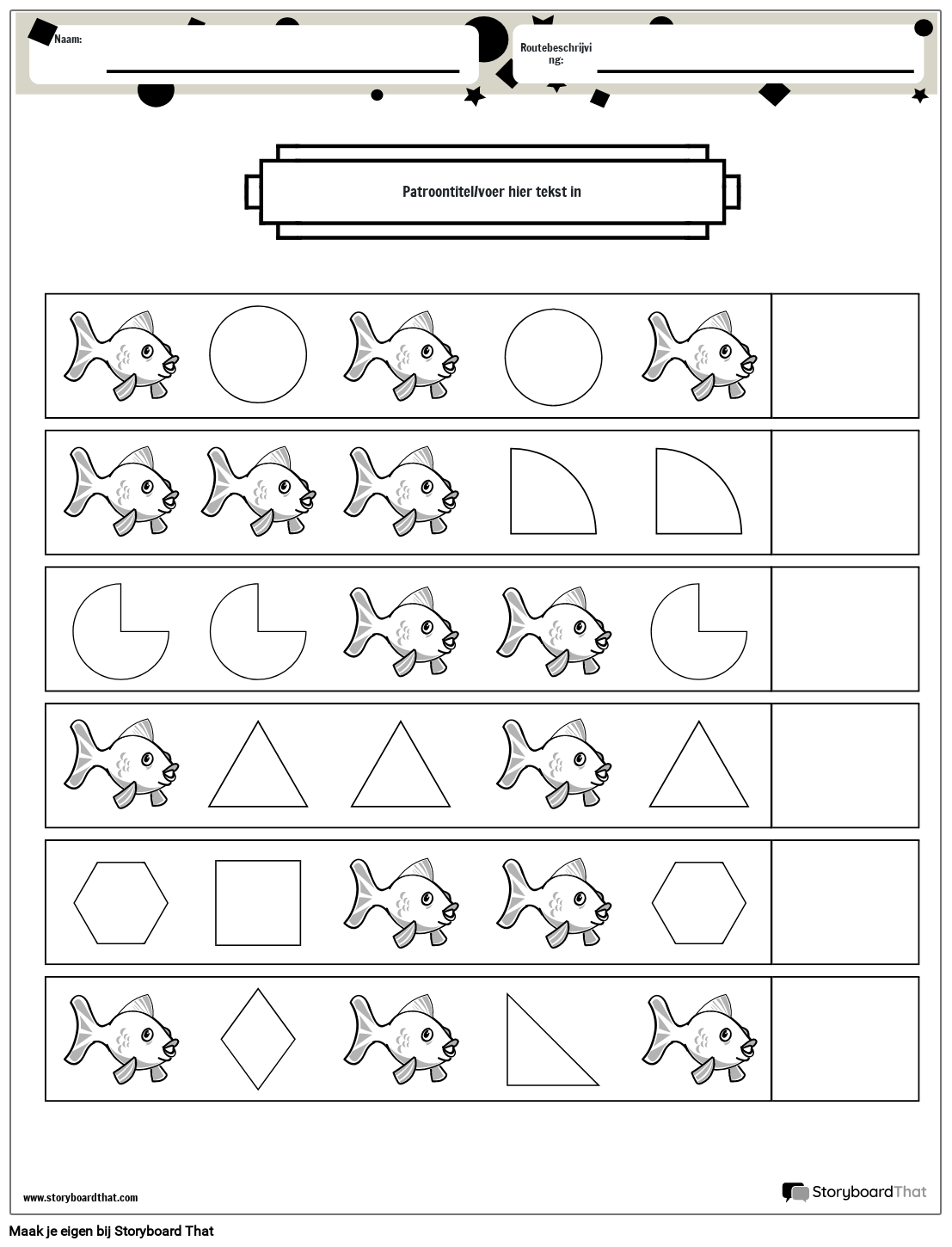 Patroonwerkblad Vissen en vormen (zwart-wit)