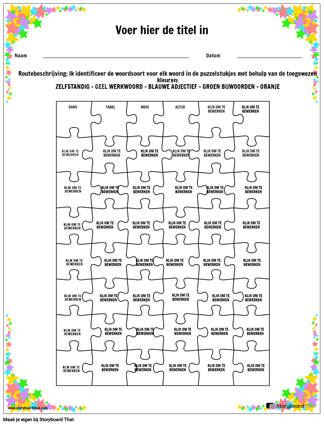 Puzzelgrammatica-werkblad met sterrand