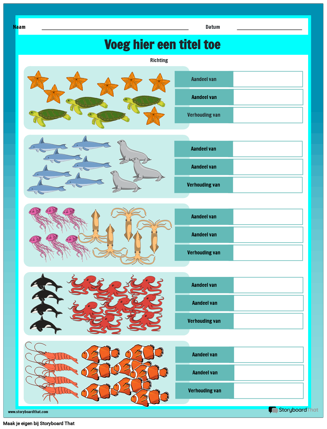Werkblad Verhoudingen met Zeedieren als Thema