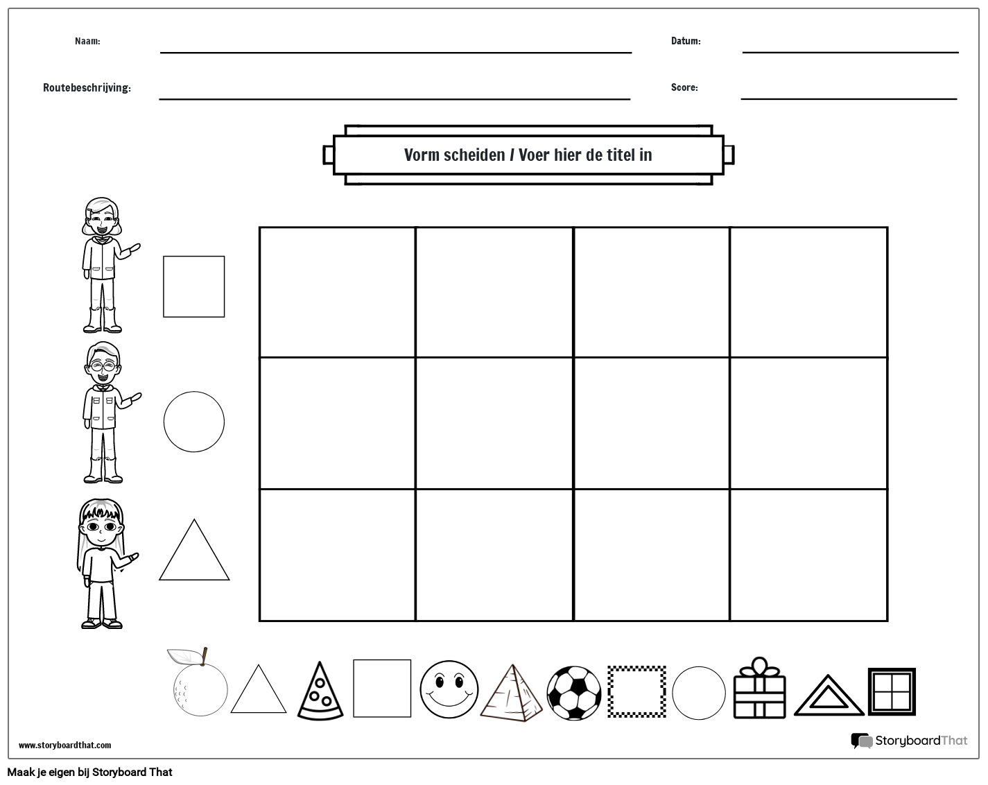 werkblad voor het sorteren van vormen en items (zwart-wit)
