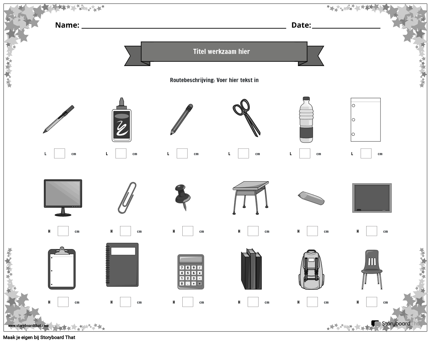 Werkblad voor metrische metingen met klaslokaalobjecten en sterrand (zwart