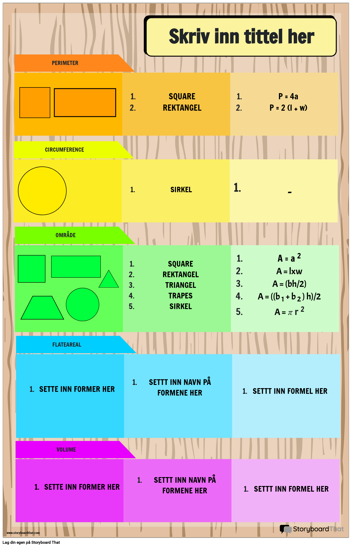 Grunnleggende matematikkformelplakat med former og regnbuefarger