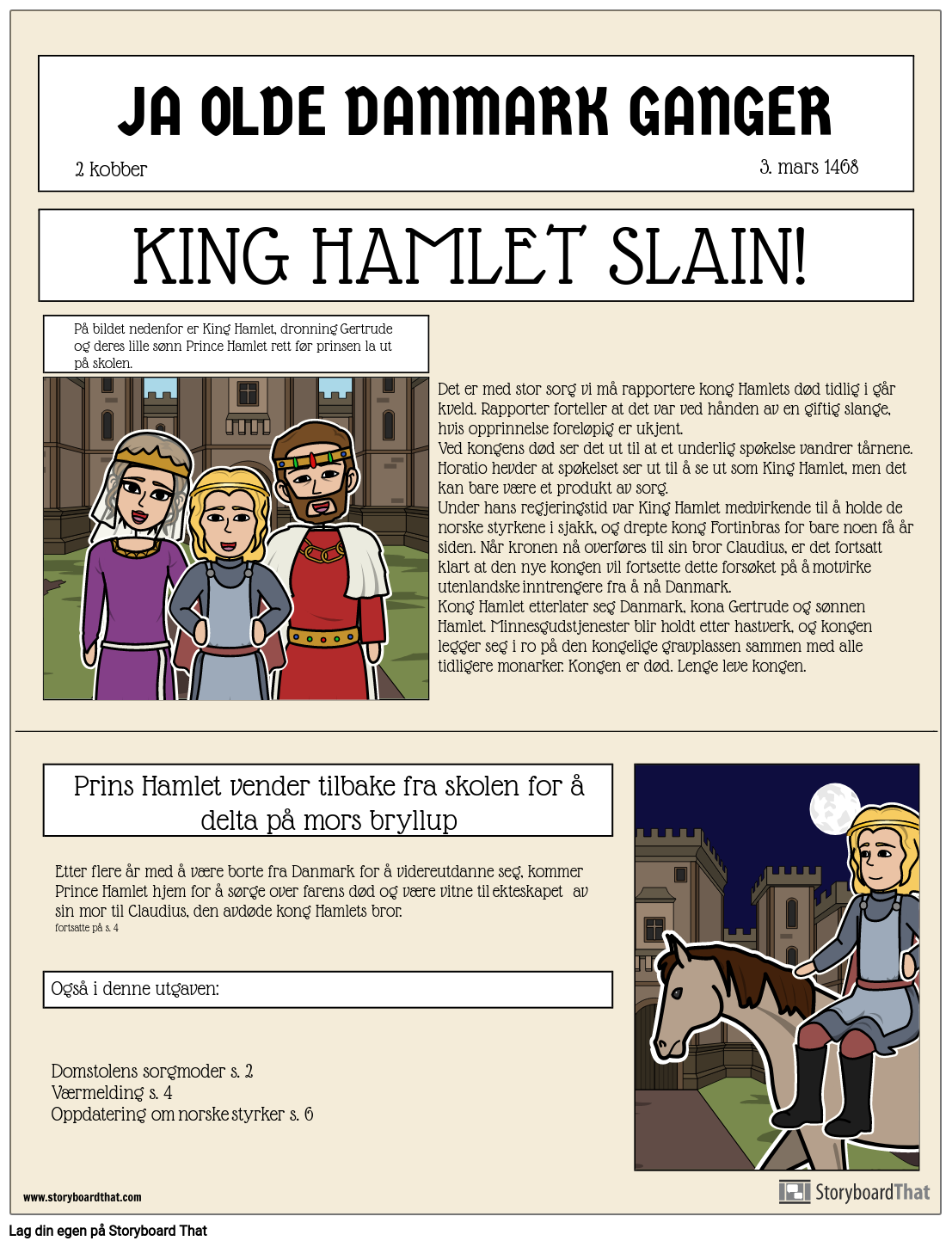 Hamlet Newspaper Announcement Storyboard No examples