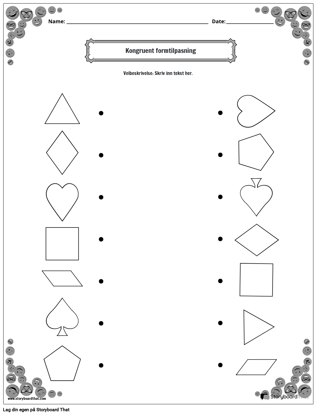 Matchende arbeidsark med kongruente former med smilefjeskant (svart og hvit