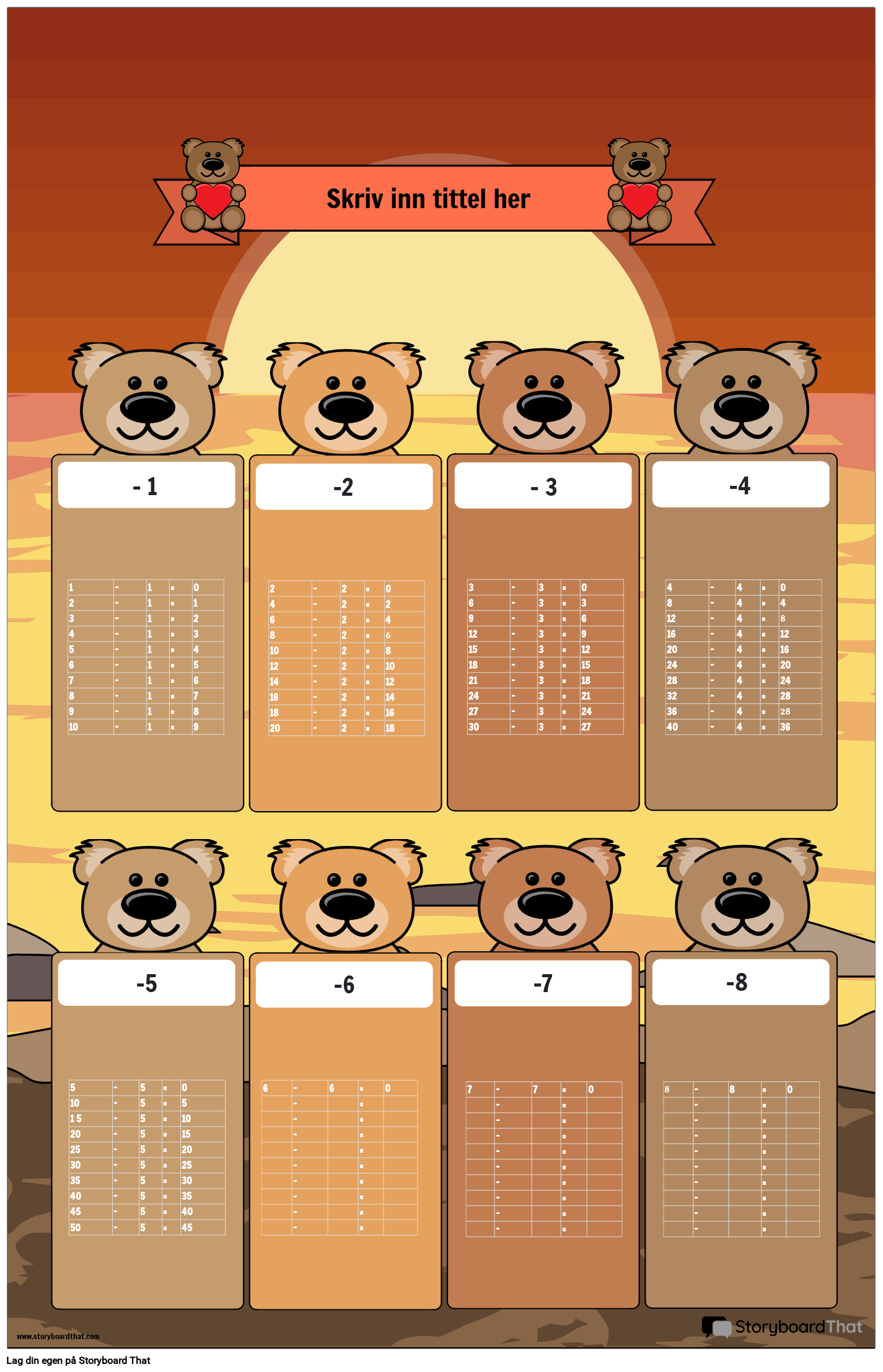 Plakat for subtraksjonsdiagram med bjørn-tema