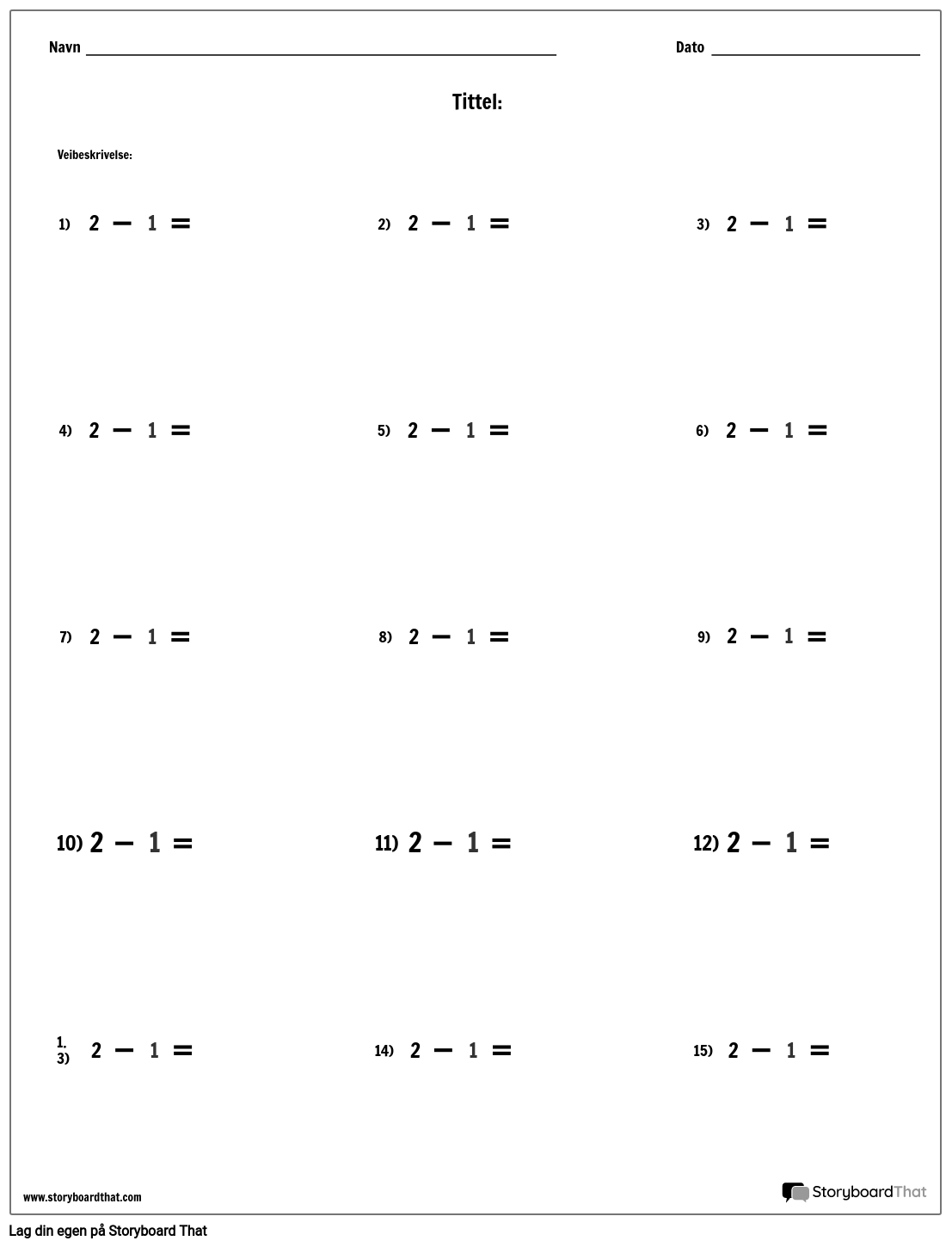 Subtraksjon - Enkeltnummer - Versjon 1