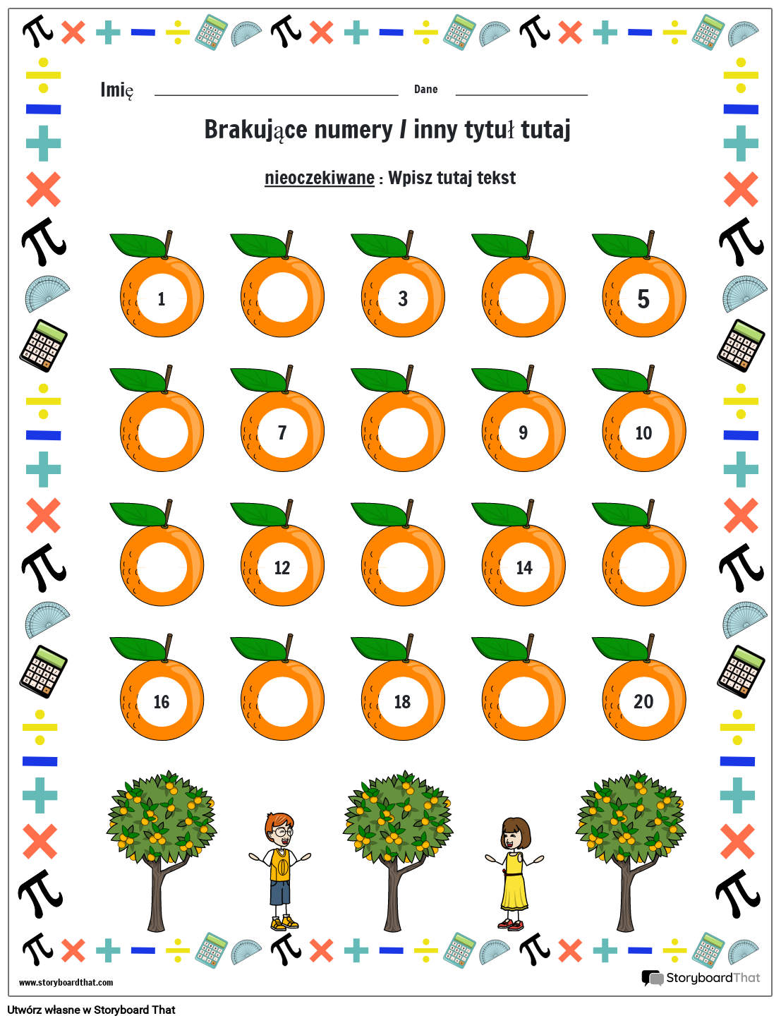 Arkusz brakujących liczb z pomarańczami