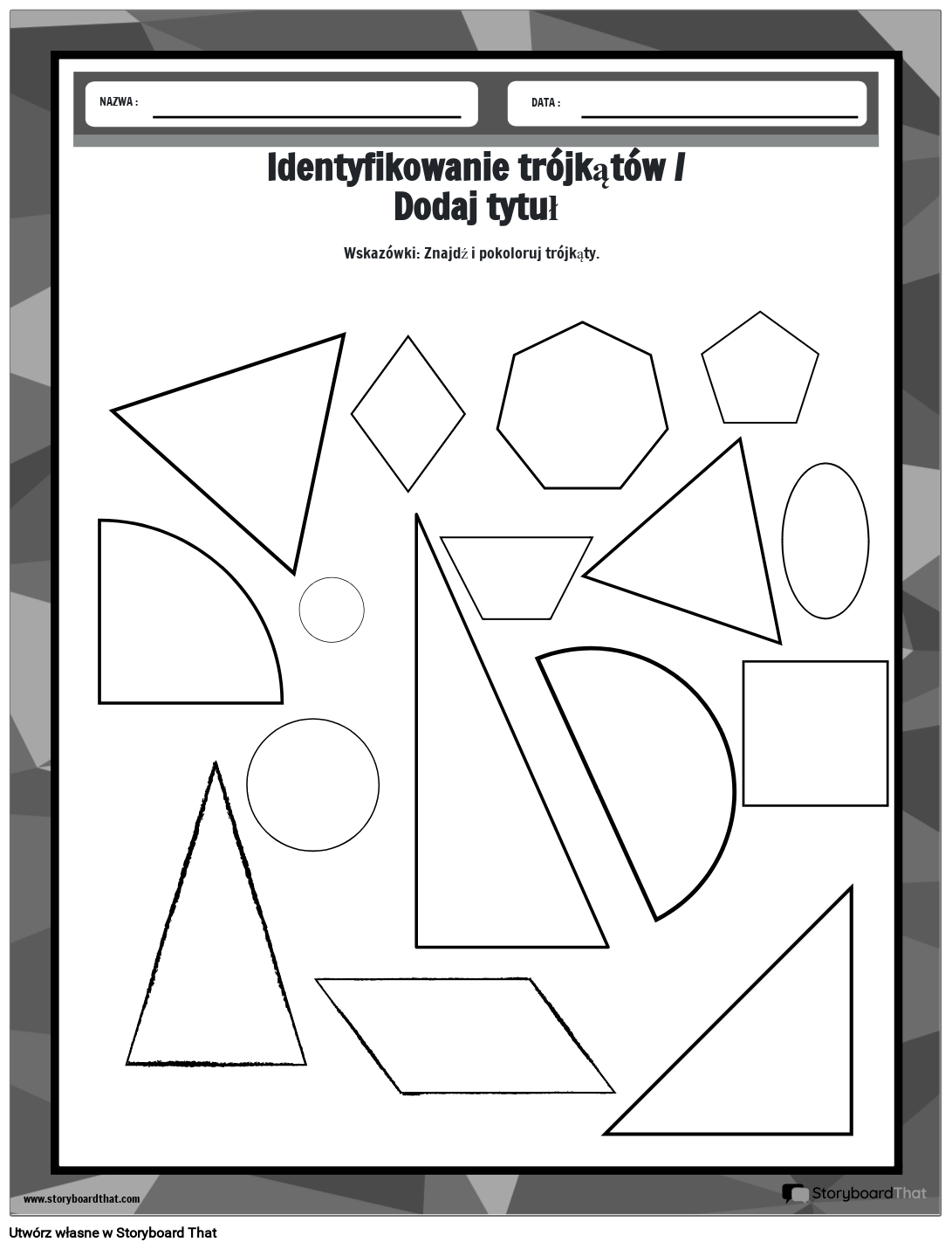 Arkusz do kolorowania trójkątów o różnych kształtach - BW