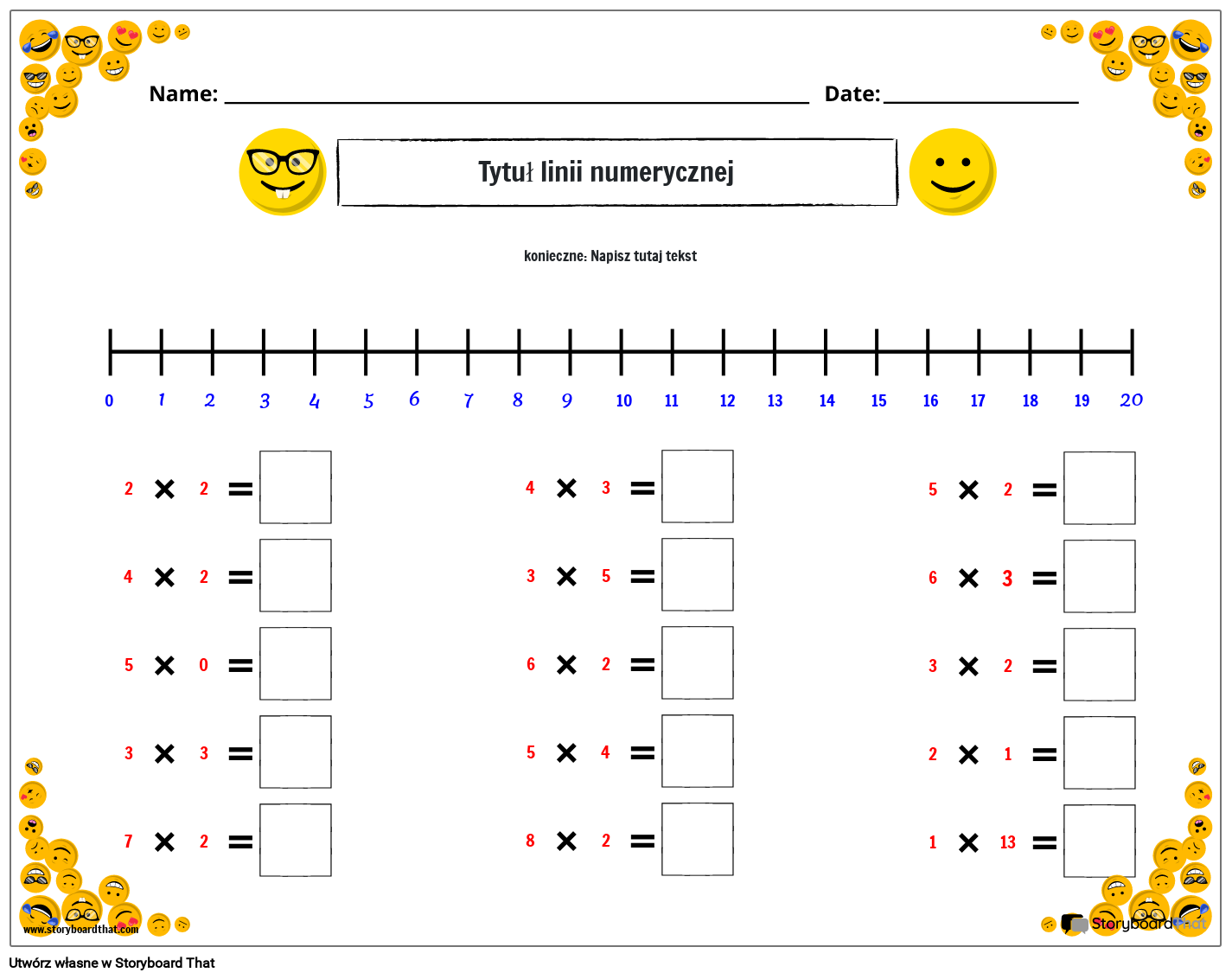 Arkusz osi liczbowej z motywem emoji