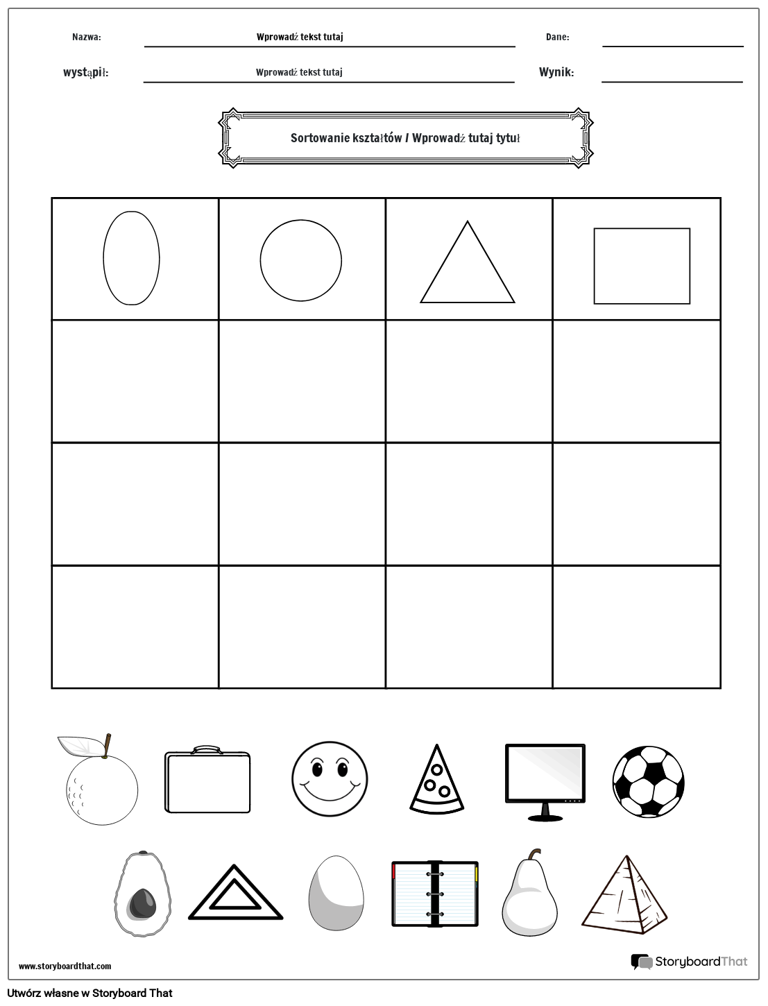 Arkusz sortowania kształtów i przedmiotów (czarno-biały)