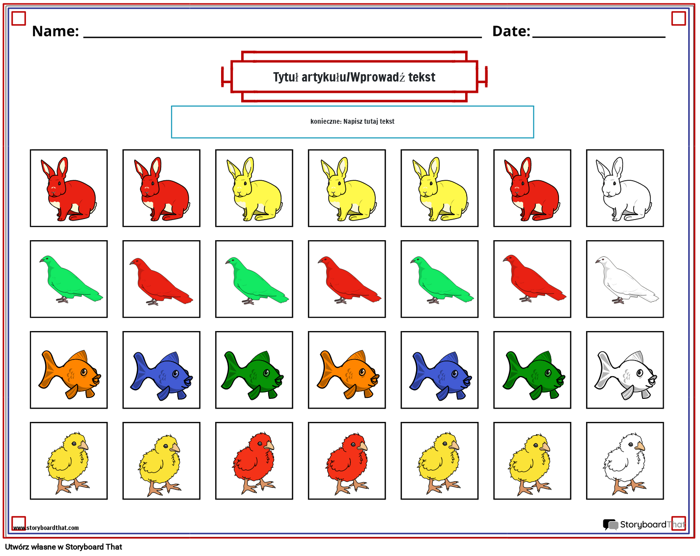 Arkusz wzorców kolorów zwierząt