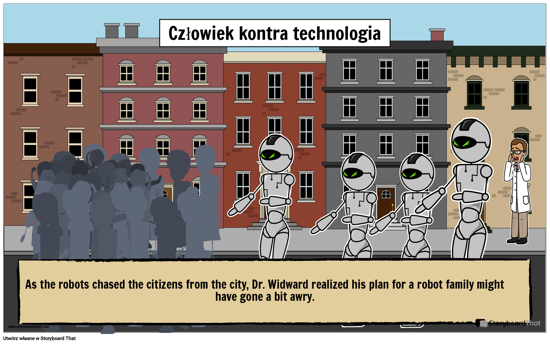 Ilustrujący Plakat Przedstawiający Konflikt Postaci z Technologią