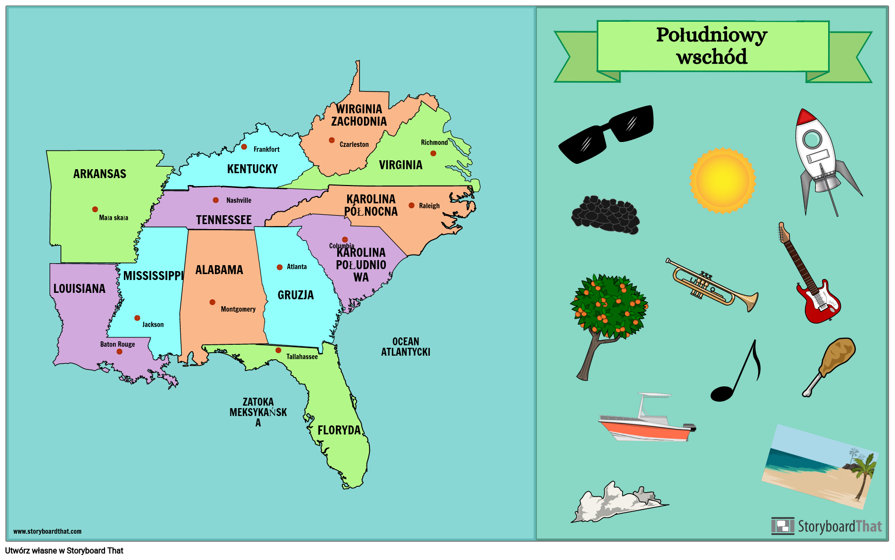 Mapa Stanów Południowo-wschodnich