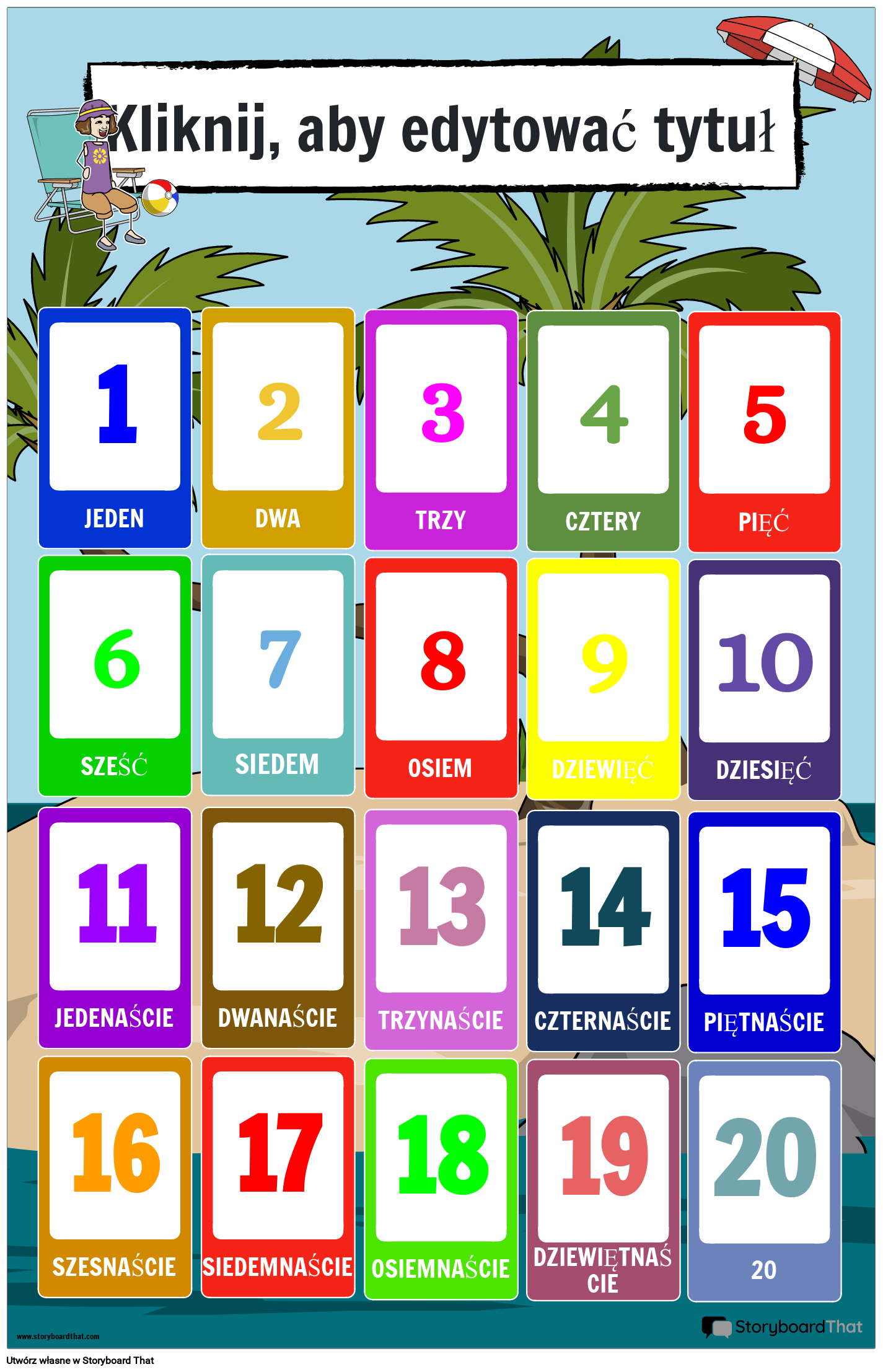 Plakat z numerami o tematyce plażowej (1-20)