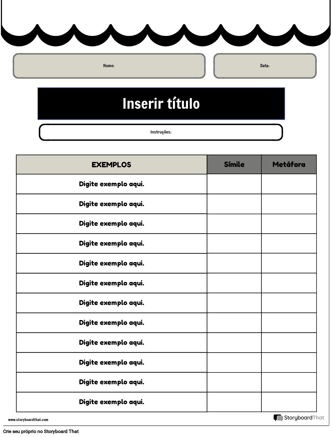 Atividade de Tabela de Símiles e Metáforas em Preto e Branco