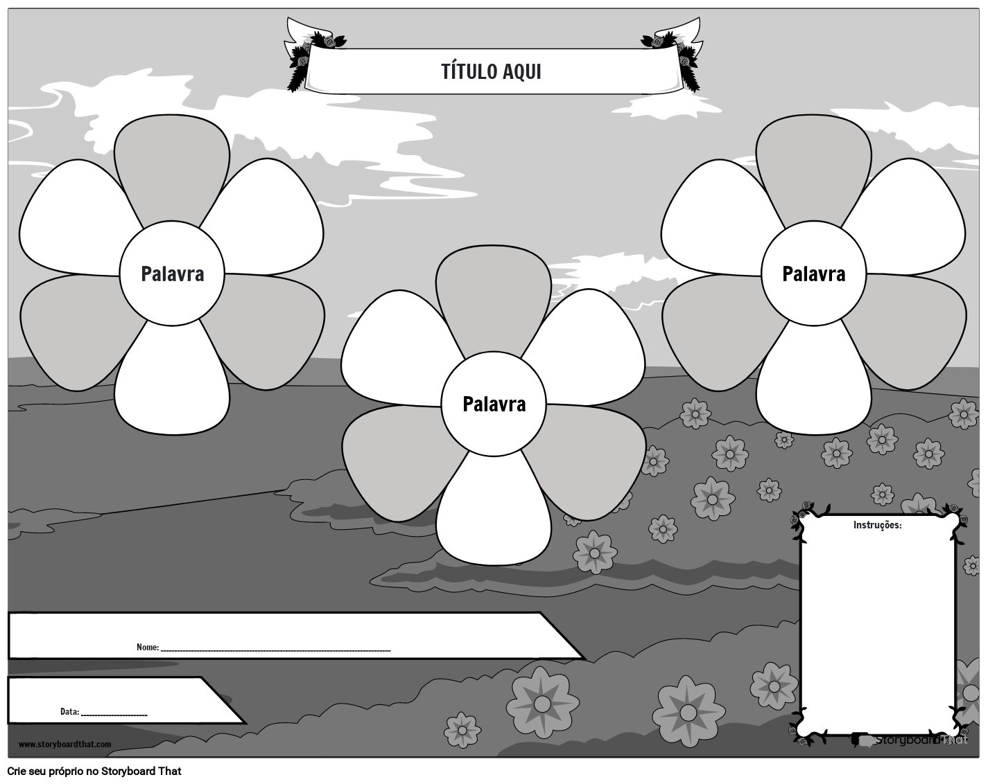 Diagrama de Flores de Tipos de Verbos em Preto e Branco