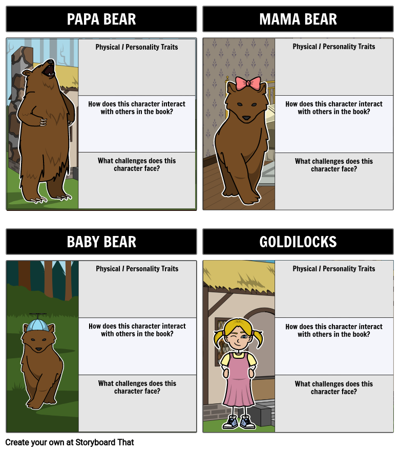 Personagens Cachinhos Dourados e os Três Ursos