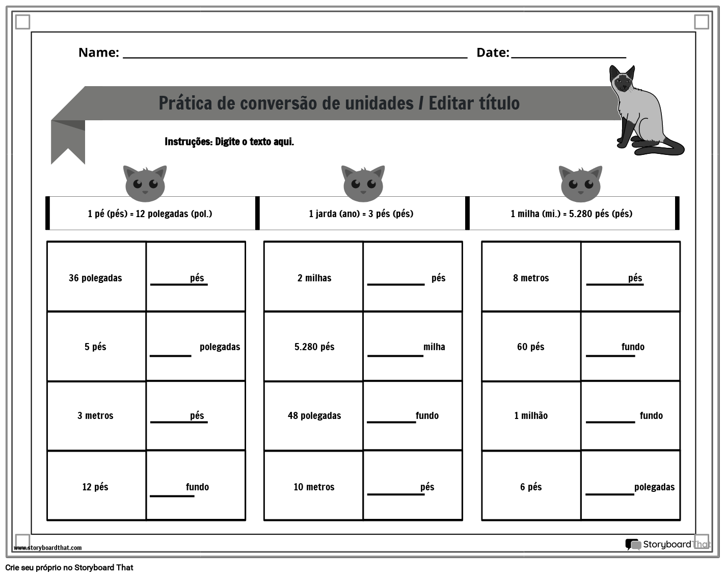 Planilha de medição dos EUA com gatos em preto e branco