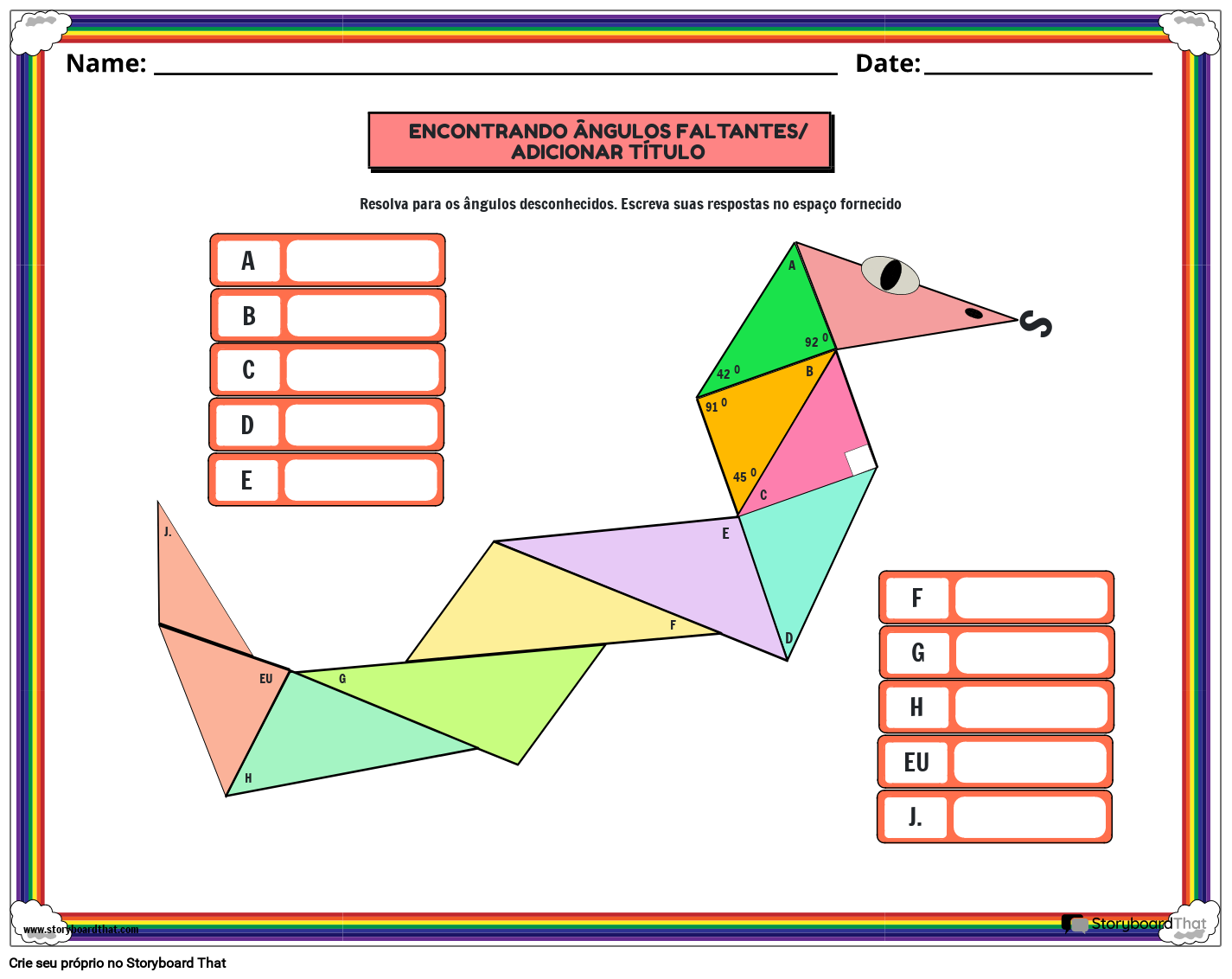 Planilha de medida de ângulos em um triângulo com cobra triangular colorida