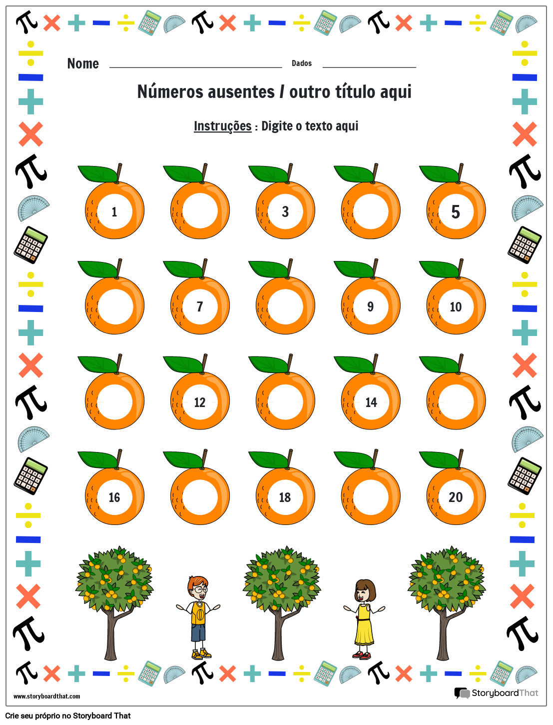 Planilha de números faltantes com laranjas