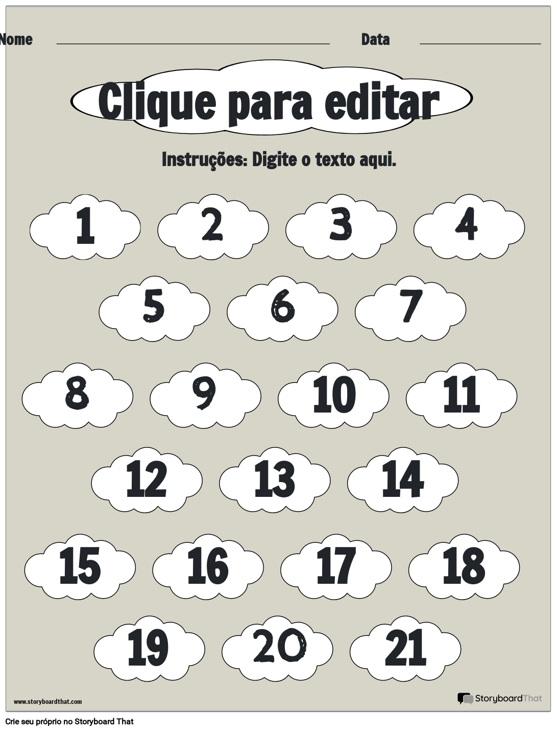 Planilha de Números Pares e Ímpares com Nuvens em Preto e Branco