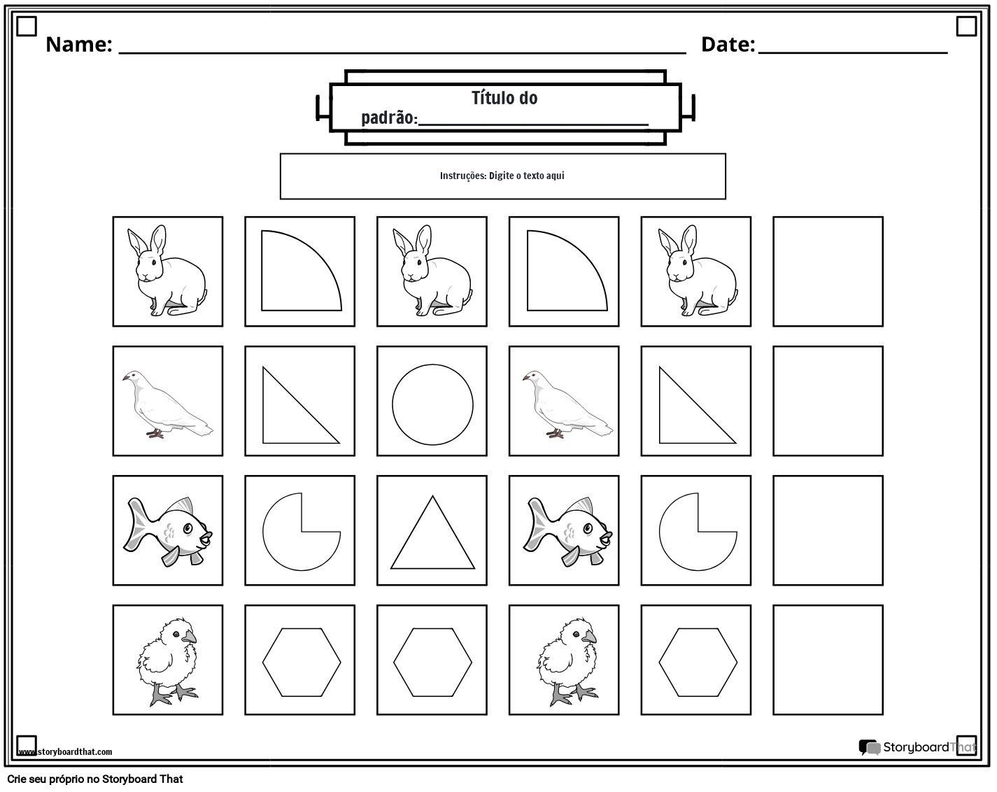 Planilha de padrões de animais e formas (preto e branco)