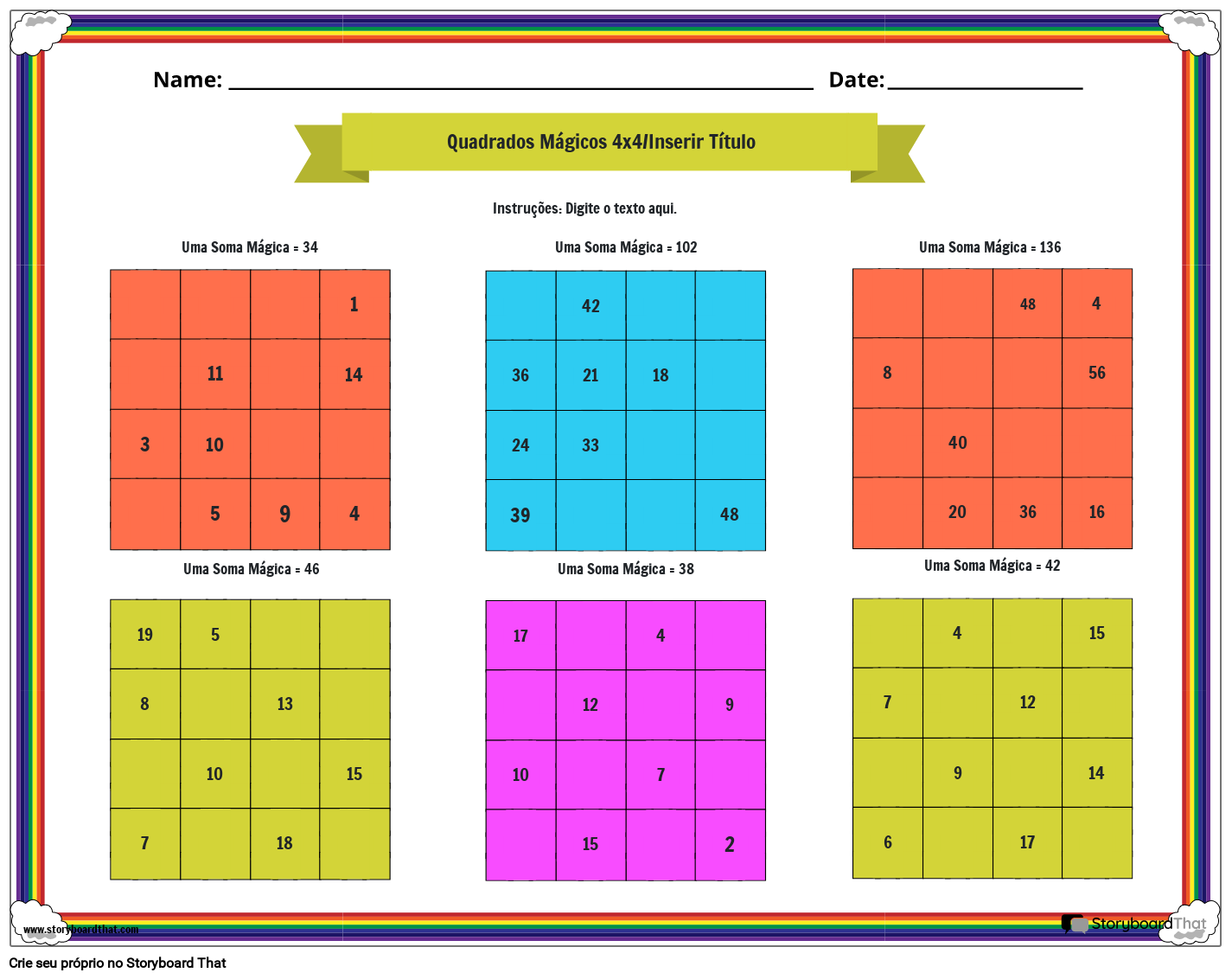 Planilha de quadrados mágicos 4x4 com borda de arco-íris