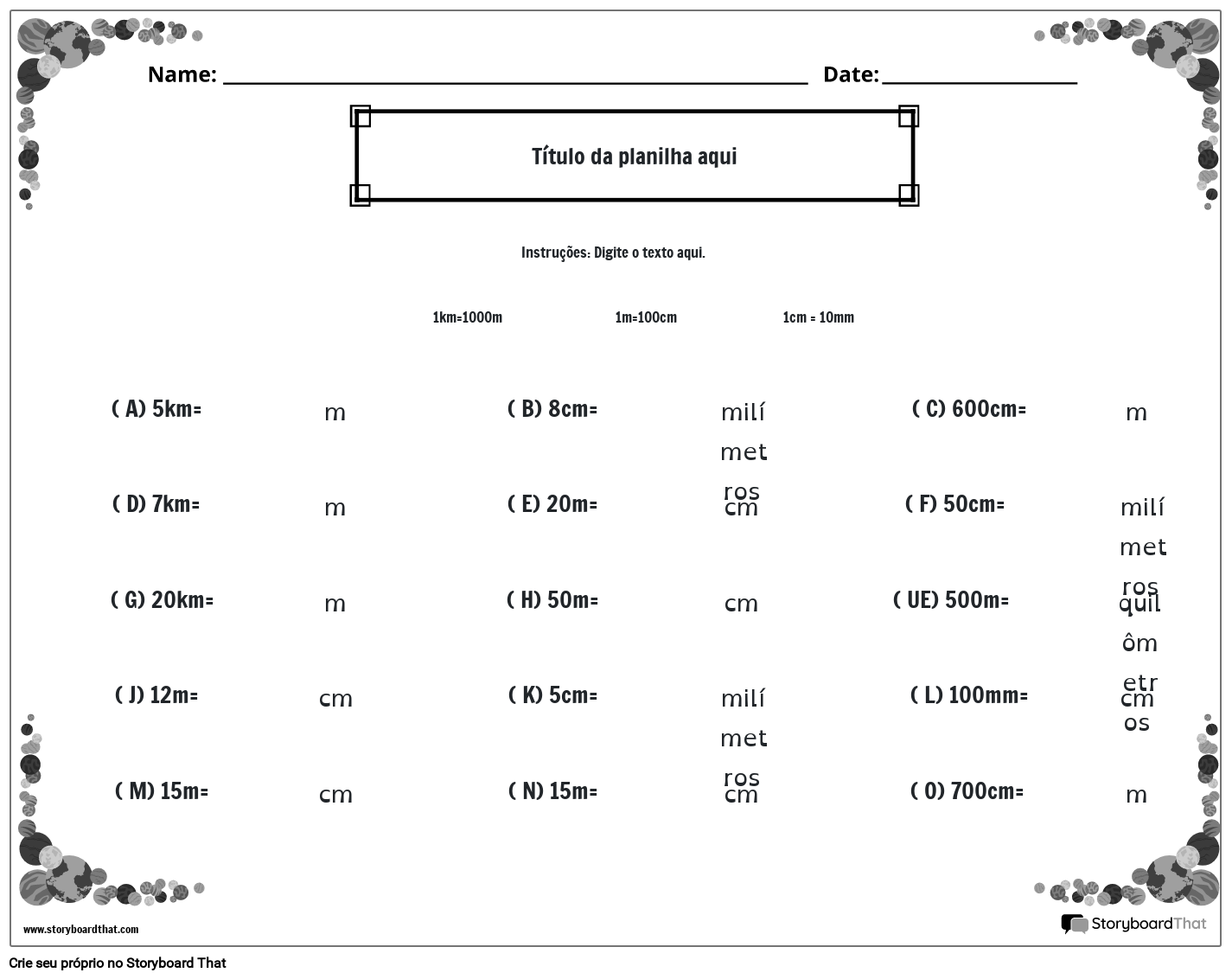 Planilha de unidades métricas de comprimento com borda planetária (preto e 