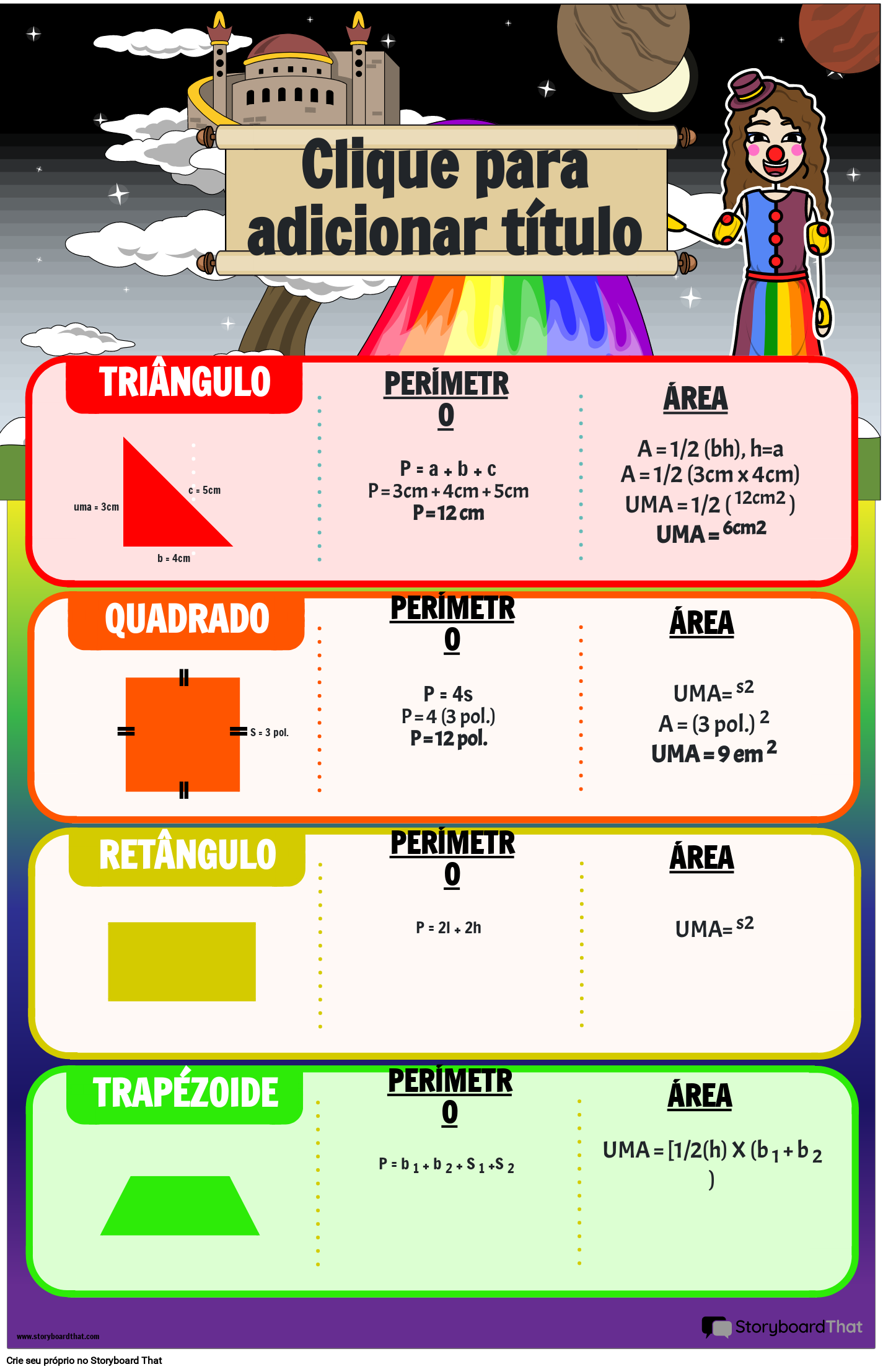 Pôster de Área e Perímetro com Tema Arco-íris