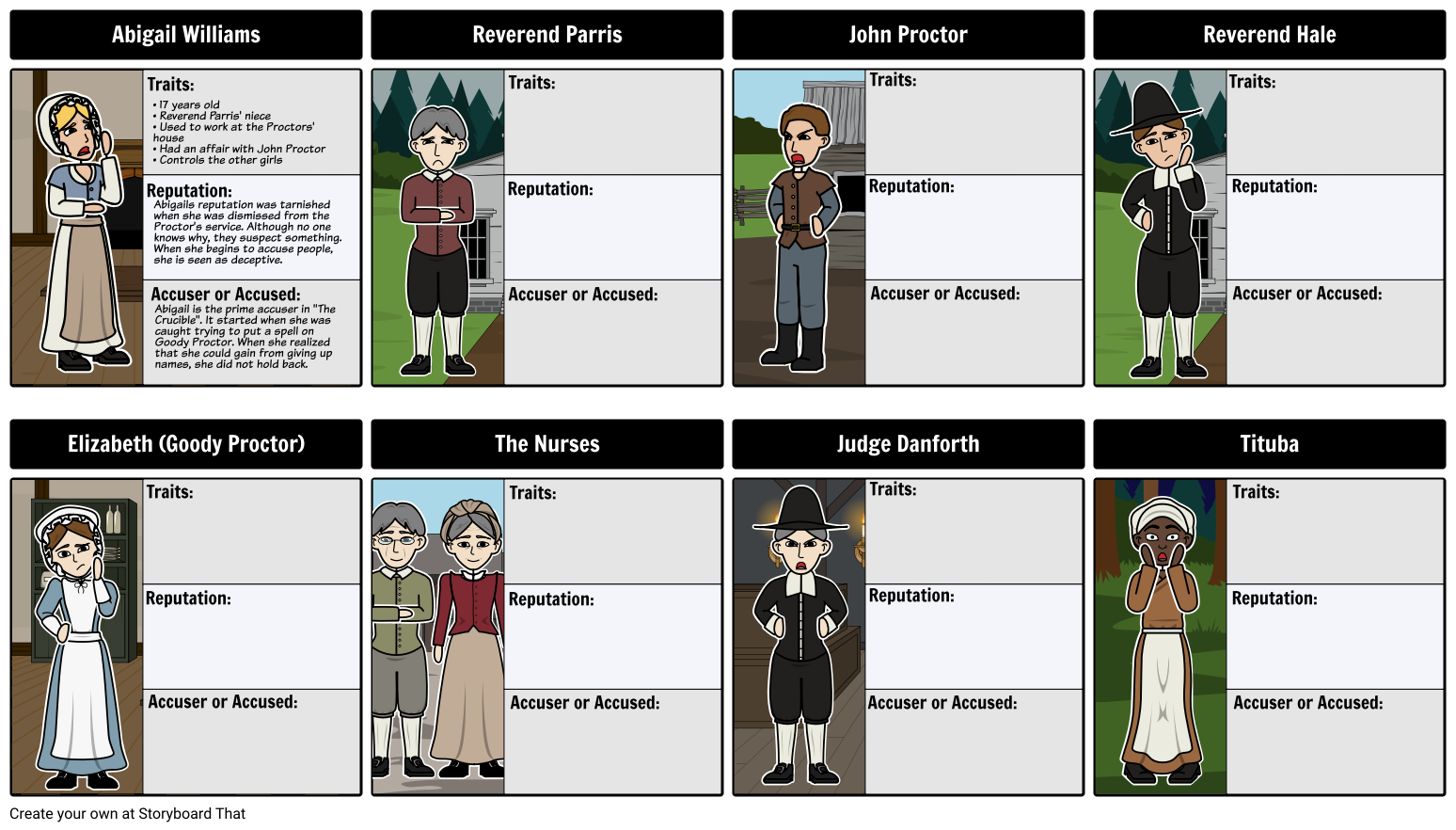 Characters In The Crucible Graphic Organizer Storyboard