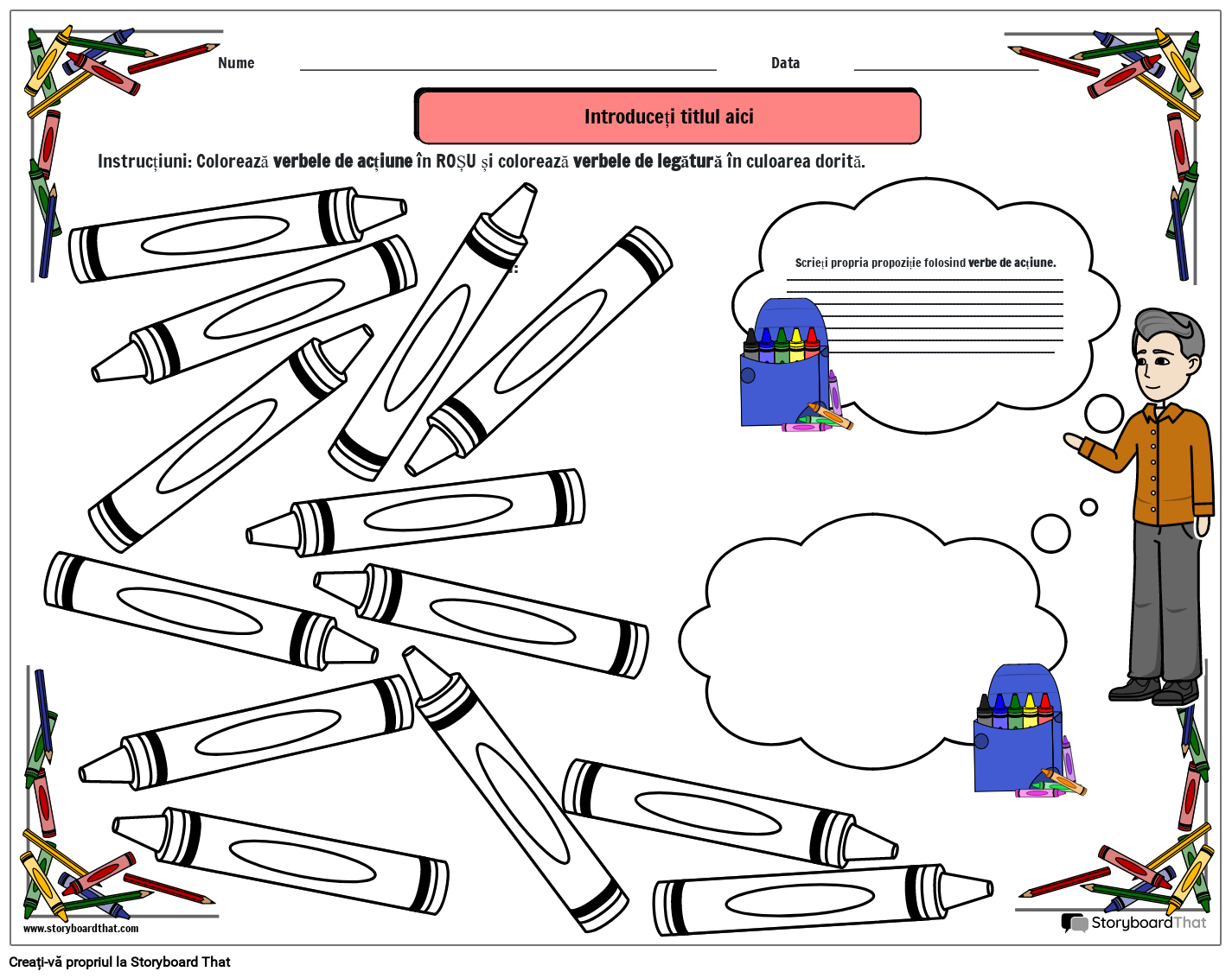 Acțiune și legături de verbe - Fișă de gramatică cu creioane colorate