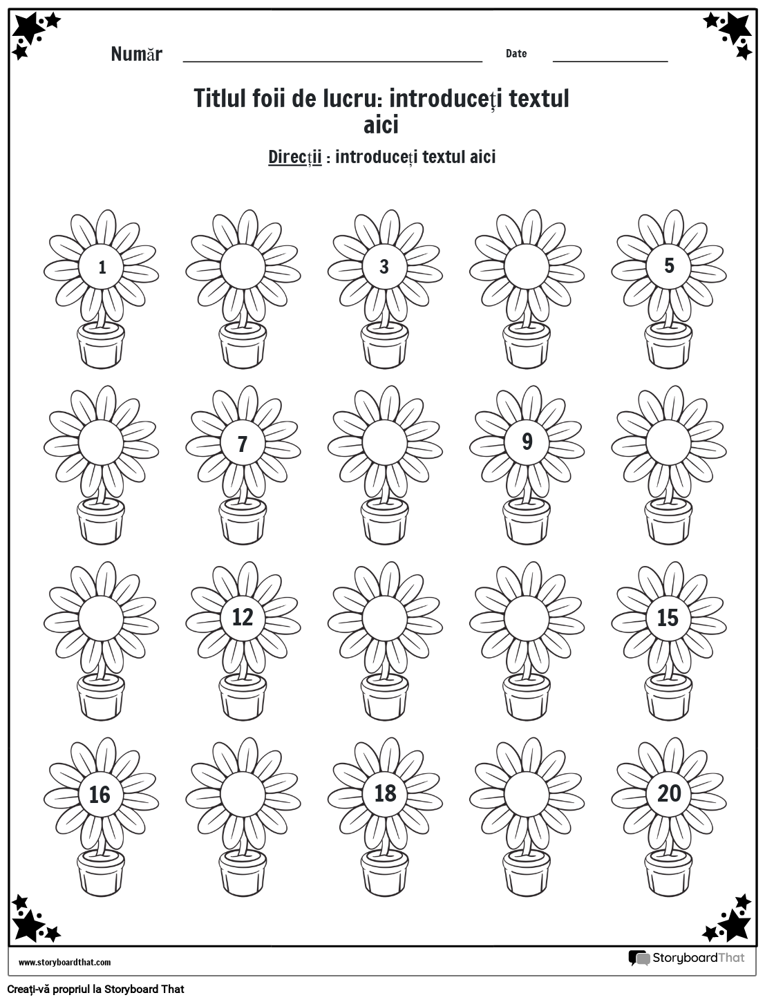 Fișa de lucru cu numere lipsă cu flori (alb-negru)