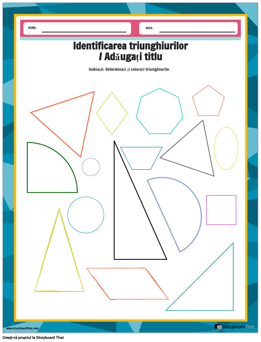 Foaie de lucru triunghi de colorat cu diferite forme
