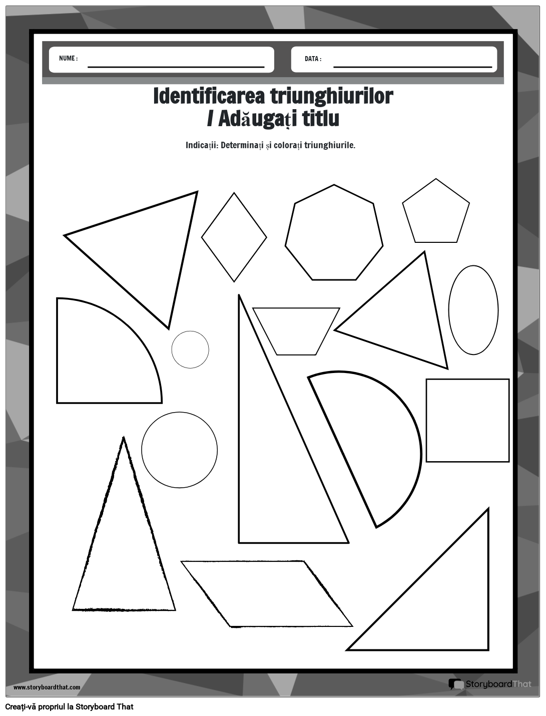 Foaie de lucru triunghi de colorat cu forme diferite - BW
