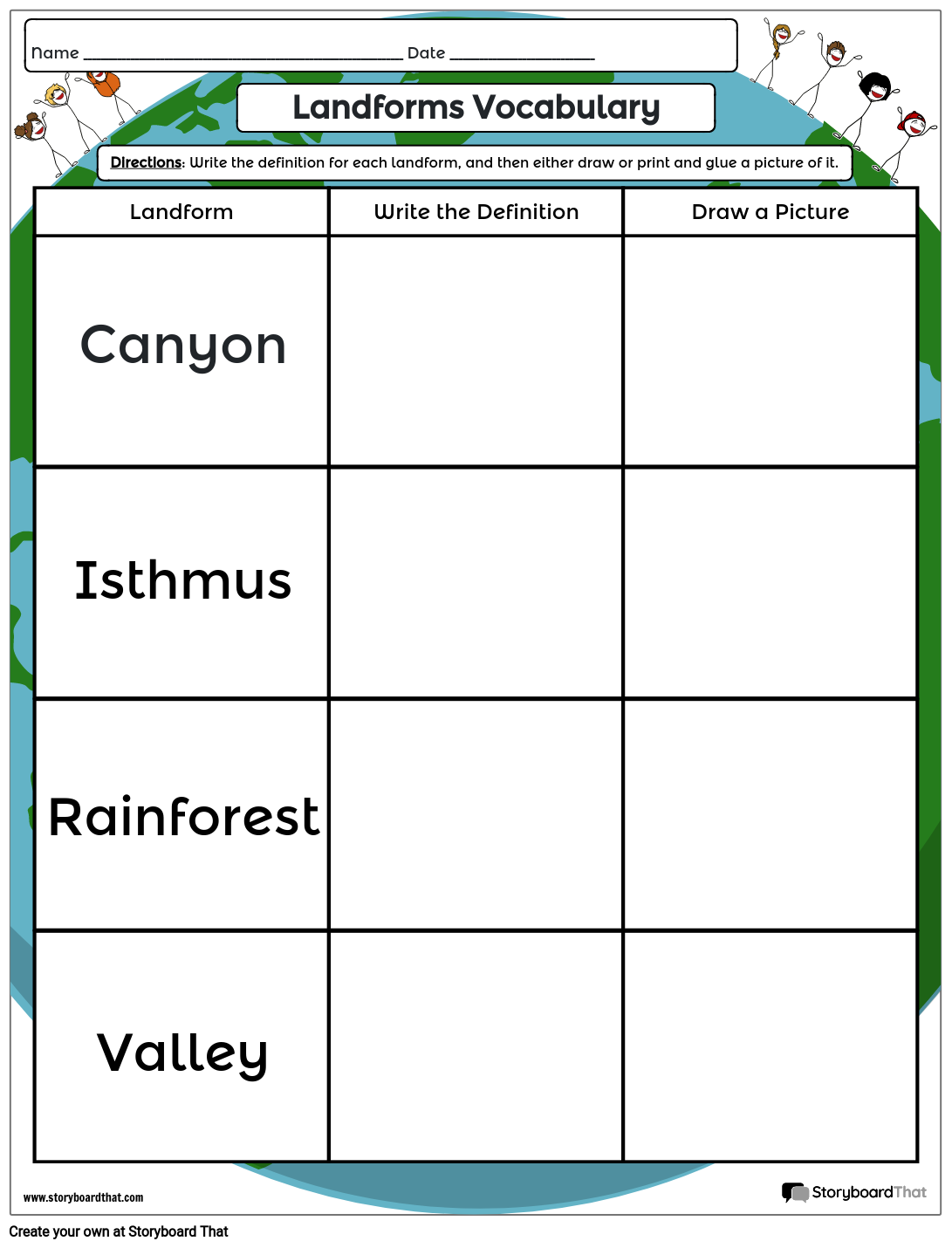 Hills and Volcano definition worksheet